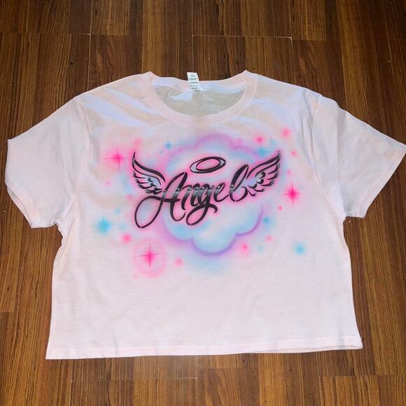 Custom Cropped Angel Tee  airbrushed Desing Safe to wash - Picture 1 of 3